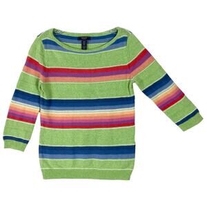 NWOT CHAPS Sweater S Linen Cotton Rainbow Stripe Boat-Neck 3/4-Sleeve Green Pink
